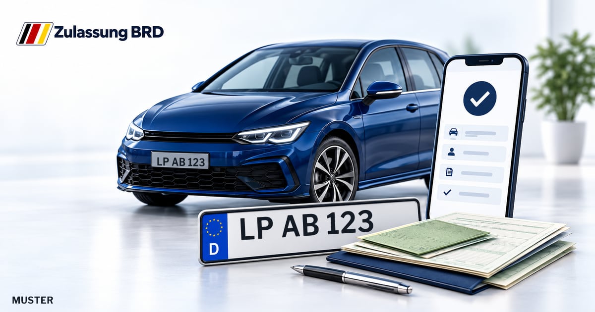 Online Fahrzeugzulassung in Ense: Musterkennzeichen LP AB 123, Auto und Fahrzeugpapiere und Smartphone. Illustration mit Logo von Zulassung BRD.